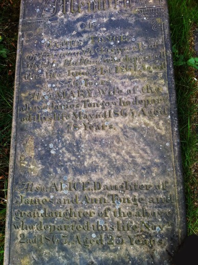 Photograph of gravestone of James Tonge (c1785 - 1861) of Farnworth, formerly Middle Hulton, and wife Mary